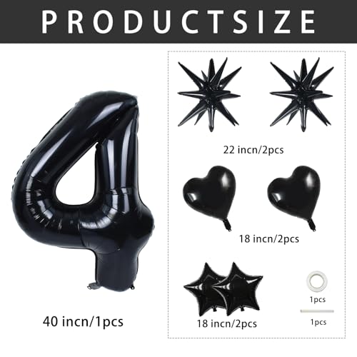 Image of TONIFUL 4th Birthday Balloons Kit 40 Inch Black Large Number 4 Foil Balloon