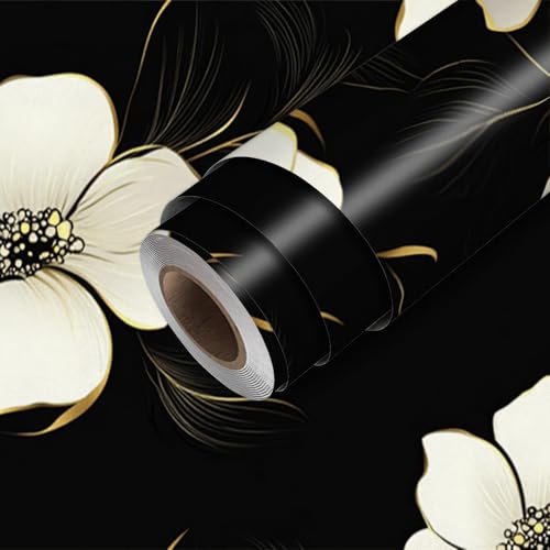 HOMETITUTE Black Floral Wallpaper Peel and Stick White Gold Flower Contact Paper Wall Marble Paper Stick 118.1