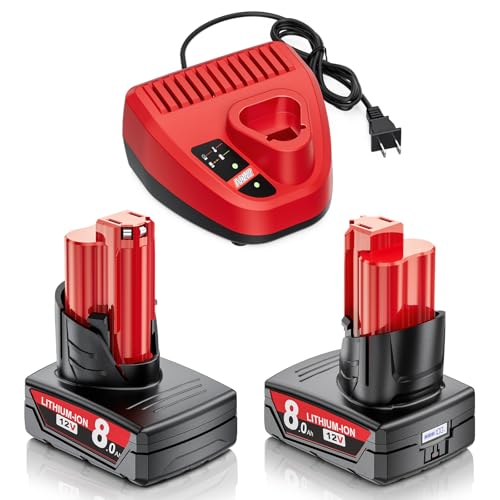 Maxofpowr 2Pack 8.0Ah Replacement for Milwaukee M12 Battery and Charger Kit 12V Lithium Battery with LCD Display Compatible with 48-11-2401 48-11-2412 48-11-2411 48-11-2420 48-11-2410 Cordless Tools