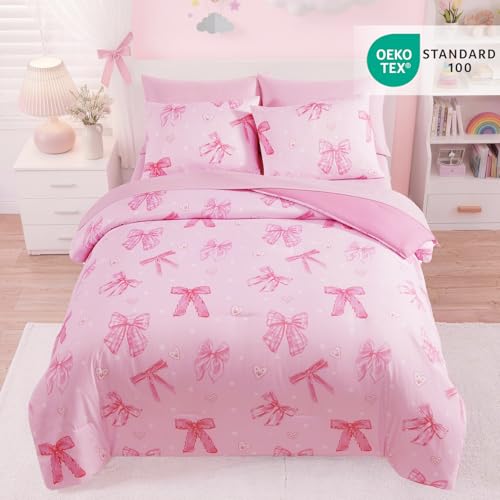 Image of Queen Comforter Set for Girls Blush Pink Bow 7 Pieces Bed in a Bag