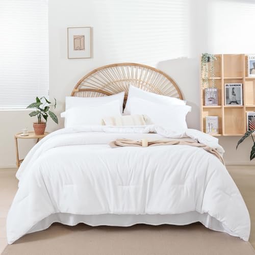 Image of weigelia White Queen Comforter Set with Sheets - 7 Piece Bed in a Bag Queen