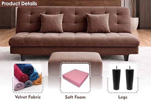 Image of Rosebell Modern Three-Seater Sofa Cum Bed - Foldable Velevt Fabric Sofa, Foam Seating, Stylish Design for Living Room, Guest Room & Office-Brown