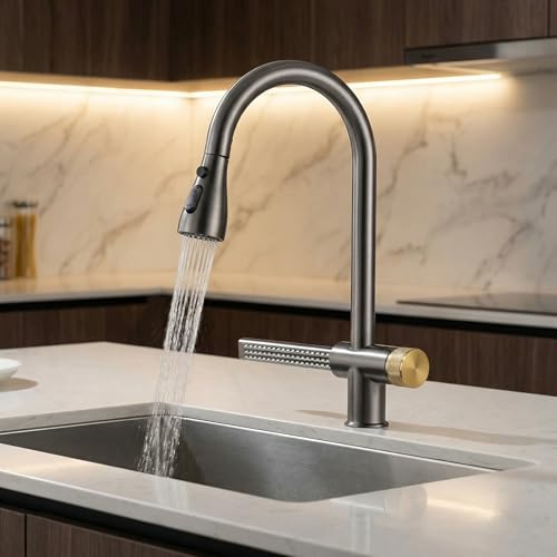 Image of InArt Brass Waterfall Kitchen Sink Mixer Tap /Faucet 360 Rotatable Pull Out Kitchen Faucet Multi-Function (Grey Black)