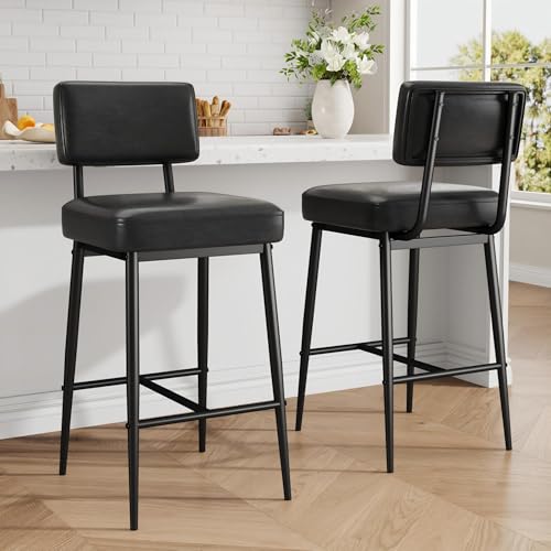 Image of GarveeHome Black Bar Stools Set of 2, 26 inch Counter Height Bar Stools with Back, Faux Leather Upholstered Barstool Chairs with Metal Legs for Kitchen Island, Counter Bar