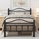 Slumber Haven Twin Size Bed Frame with Vintage Headboard, 1500LBS Heavy Duty Twin Platform Bed Frame with Noise Free Design/12 Inch Under-Bed Storage Space/No Box Spring Needed/Tool-Free Assembly