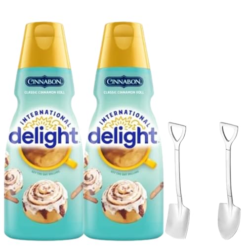 Candy Freezer International-Delight Liquid Coffee Creamer.- Two (2) 32 fl oz Bottles of Creamy Smooth Delightful Coffee Creamer and Mini Metal Spoons (Cinnabon Classic Cinnamon Roll) Shovel Spoons