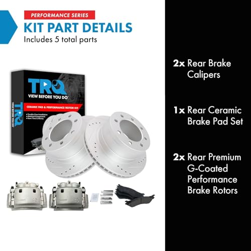 Image of TRQ Rear Performance Brake Pad, Caliper, & Rotor Kit Ceramic Vented Premium G-Coated Compatible with 2006-2008 Dodge Ram 1500 2003-2008 Ram 2500, 3500