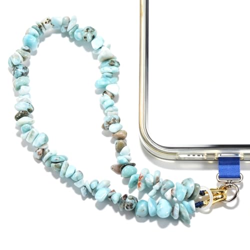 Aluckiss Natural Larimar Gravel Phone Wrist Strap for Women Men Stone Beads Charm Handmade Cellphone Chain Lanyard with Tether Tab