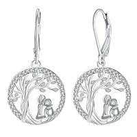 J.MUEN Pendientes Árbol de La Vida Mujere Plata de ley 925 - Pendientes Niña y Perro,Joyería Creativa para Mujeres Niña Amante de Los Animales