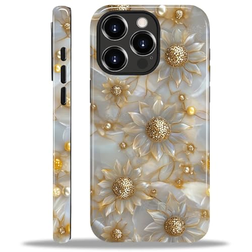 ANLUN STORE Case for iPhone 14 Pro, Hybrid Dual Protection Soft TPU + Hard PC Shockproof Cover Anti-Scratch & Slim Protective for Men Women Case Luxury Golden Flower Geometry Design