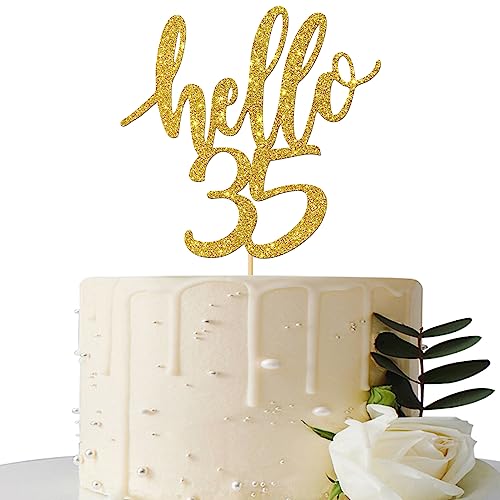 Hello 35 Cake Topper – 35th Birthday / 35th Anniversary Party Cake Decoration, 35th Birthday / 35th Anniversary Party Decorations Supplies (Gold, Hello 35)