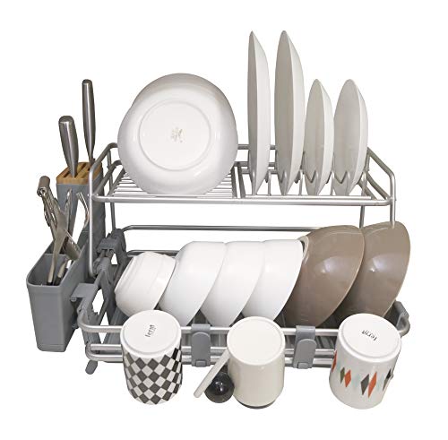 CozyBlock Aluminum 2-tier Dish Drying Rack with Utensil & Wood Cutlery Holder – Rust Proof Kitchen Countertop Dish Rack with Extra Large Drainboard Set – Bonus Drinkware Clips