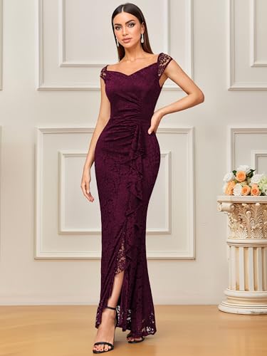 Image of MISSMAY Women's Vintage V-Neck Floral Lace Ruffle Split Formal Evening Maxi Dress