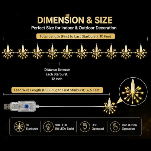 Image of Desidiya 12 Starburst Sparkle LED String Lights for Decoration Warm White