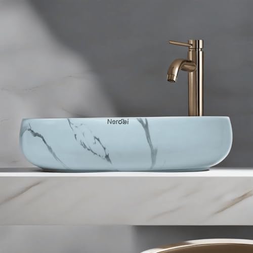 Image of Designer Counter Top Wash Basin | Tabletop Ceramic Bathroom Sink | Wash Basin Over Counter | Wash Basin For Bathroom, Living Room (24 x 15 x 6 Inch) (Marble White Grey)