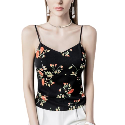 Image of Womens Retro Floral Print Adjustable Straps Backless Camisole Blouse Flattering Fit Summer Color Block Top (Black,X-Large)