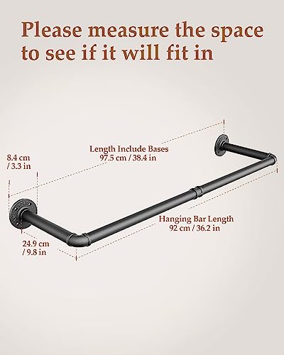Bodato Industrial Clothing Rack 38.4’’ For Wall, Heavy Duty Pipe Clothes Rack Wall Mounted For Hanging Clothes Garment, Closet Rod Hanging Bar For Walk-In Closet #TOP2