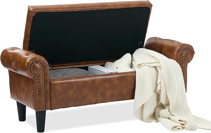 LEGACY OF COMFORT DAWSEY 50" Inches Upholstered Storage Bench 2 Seater Sofa Upholstered Ottoman Bench with Storage for Living Room Bedroom Entryway (Brown Leather)-image-25