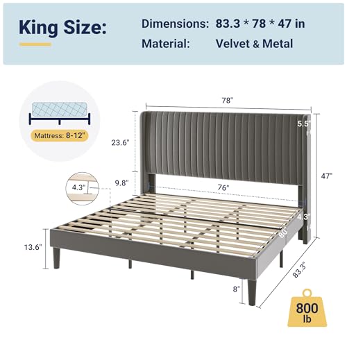 Image of Allewie King Size Velvet Bed Frame /Vertical Channel Tufted Wingback Headboard /Upholstered Platform Bed /No Box Spring Needed /Strong Wooden Slats /Easy Assembly /Grey