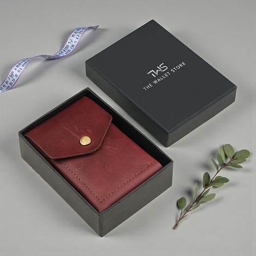 Image of The Wallet Store Flip Genuine Leather Vertical Slim Wallet for Men | Pull-String Quick Card Access | Compact Front Cash Pocket & Button Lock | Minimalist Travel & Daily Carry Wallet (Wine)