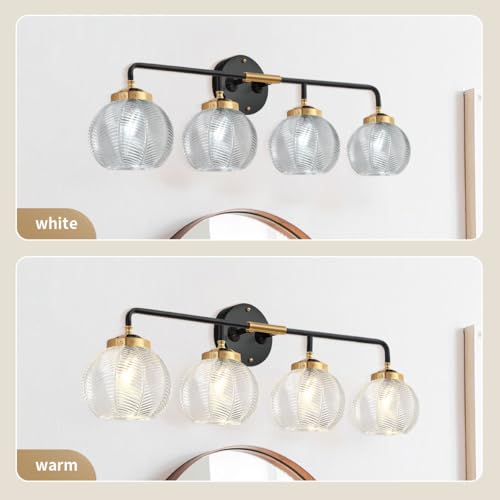 Image of 4-Light Black Gold Bathroom Light Fixture Vanity Light Sconces Wall Decor Set of 2 with Clear Glass Ribbed Globe Shade Bathroom Vanity Lights Above Mirror for Powder Room Farmhouse