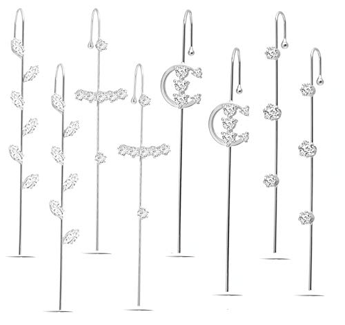Ear Wrap Crawler Hook Earrings for Women Gold Piercing Ear Climbers Hook Silver Cuff Earring (8pcs silver)