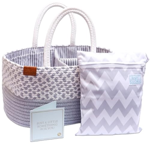 Image of Baby Glory Unisex Diaper Caddy Organizer with Diaper Wet Dry Bag, Greeting Card and Ribbon for Baby Boy & Girl, Portable Cotton Rope Woven diapers Caddy-Nursery Storage Changeable Compartments