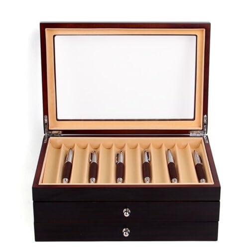 Stiftebox Holz, Aufbewahrungsbox für 34 Stifte Kugelschreiber, Glas-Aufbewahrungsbox mit Deckel, Glasfenster, Stiftsammlung, Vitrine, Stiftköcher