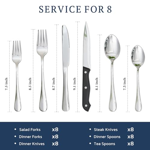 Image of Astercook Silverware Set 48-Piece Flatware with Steak Knives Food-Grade Stainless Steel Cutlery for 8 Mirror Polished Utensils Set Include Spoons and Forks for Home Kitchen Restaurant