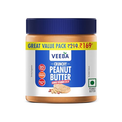 Veeba Peanut Butter Crunchy | High Protein | Naturally Gluten Free | Vegan | No Added Preservatives | Added Calcium, Iron, Vitamin A & D | No Added Colour & Flavour | Non GMO | 320 g