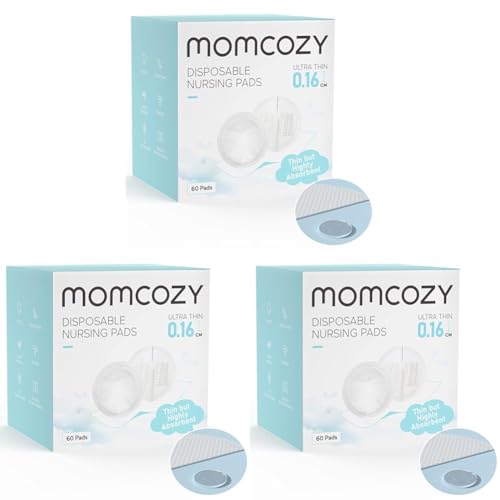 Momcozy Ultra-Thin Disposable Nursing Pads, Ultra-Absorbent &amp; Breathable Breast Pads for Mothers, Keeps Skin Dry &amp; Comfortable, Individually Packaged, 60 Count (Pack of 3)