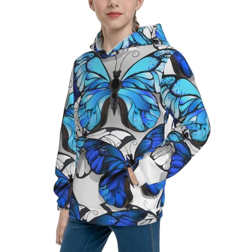 Blue and White Butterflies Kid Hoodies Boys Sweatshirts Girls Pullover with Pocket2