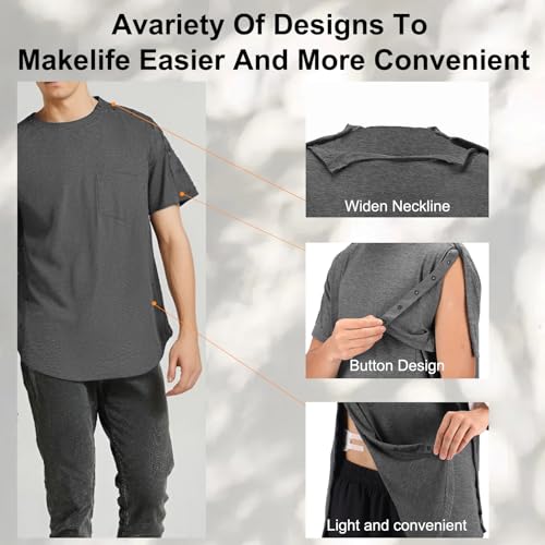 Men's Shoulder Surgery Recovery Shirts-Post Shoulder Surgery of Short Sleeves with Hidden Snap Buttons on Sides4