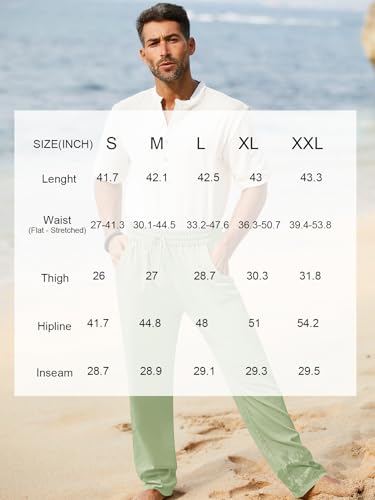 Image of iWoo Linen Pants Men Casual 2025 Summer Beach Elastic Drawstring Waist Yoga Pants Travel Baggy Work Pant Pajama