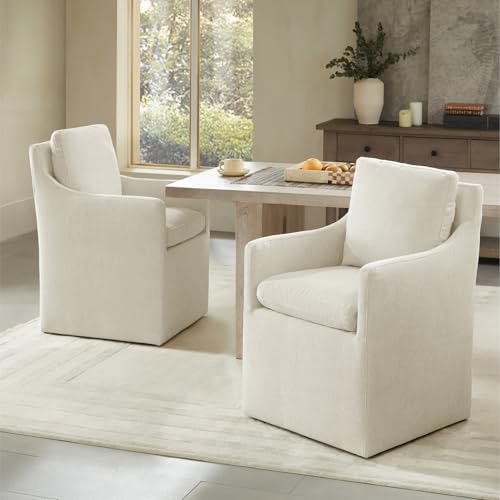 Image of KISLOT Upholstered Dining Chairs with Casters, No Assembly Modern Accent Armchair with Rollers for Dining Room, Bedroom, Living Room, Reading Room, Already Assembled, Beige, 2 Box