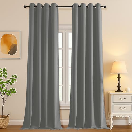 Image of Simplebrand Light Grey Extra Long 10ft Curtains for Patio 120 Inches Long 2 Panels Set, Room Darkening Light Blocking Solid Thermal Insulated Energy Saving Grommet Noise Reducing Curtains, 50 Wx120 L