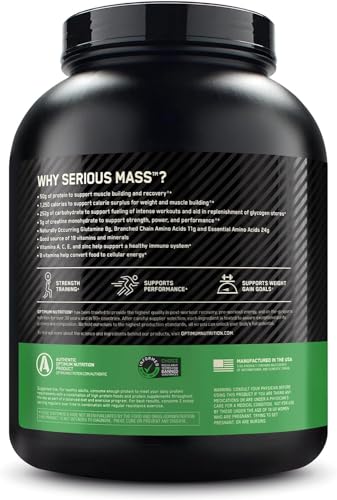 Image of Optimum Nutrition Serious Mass Weight Gainer Protein Powder, Strawberry, 6 Pound (Pack of 4)