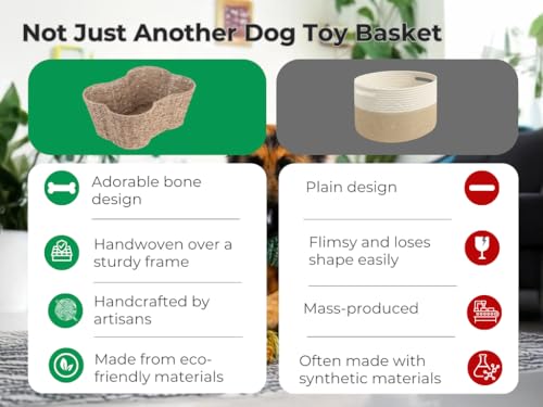 Dog Toy Basket, Bone Shaped Dog Toy Bin, Handmade Pet Organizer And Storage, Toy Box for Cats, (17x13" Seagrass) - Image 6
