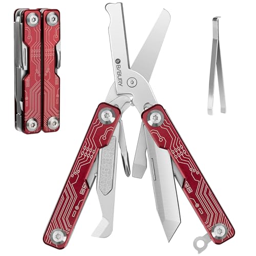 Image of BIBURY Mini Keychain Multitool Scissors BI2061R, 9 in 1 Multitool EDC Scissors with Screwdriver, Bottle Opener, Pocket Knife, Spring -Mini Multi Tool for Outdoor, Daily Use, Gifts for Men and Women