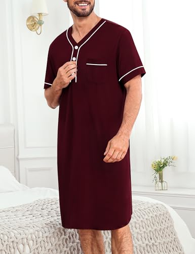 Image of SWOMOG Mens Nightgown Short Sleeve Lounge, Sleep Henley Shirt Pajama Big & Tall Nightshirt Comfy Nightwear M-3XL