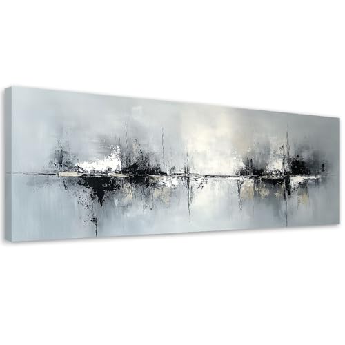 Feeby - Tableaux - Deco Tableau Murale - Abstrait noir et blanc sur fond gris - 150x50 1partie -...