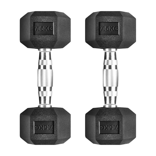 Mancuernas Hexagonales 5-25kg Set Profesional para Gym en casa, hierro fundido con revestimiento de Caucho SIN OLOR con mango Ergonómico Antideslizante, Versátil (7.5, par)