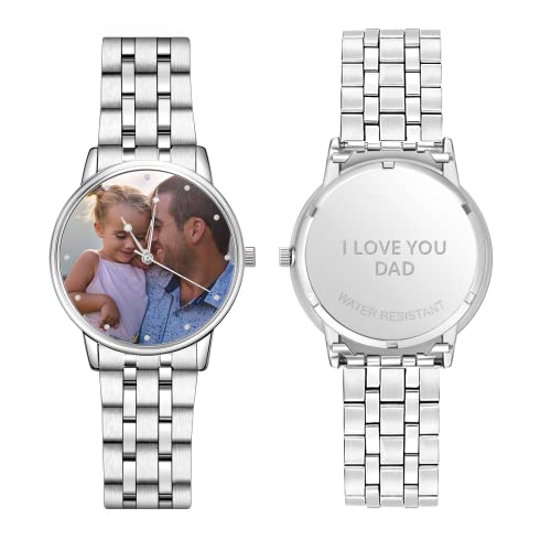 VEELU Montre Photo Personnalisée pour Homme avec Texte Gravé Bracelet Acier Inoxydable Analogique Quartz Imperméable Cadeau pour Papa BFF Amant Noel