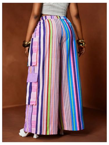 Women's Plus Size Rainbow Striped Cargo Pants Color Block Drawstring Waist Straight Leg Trousers Streetwear2
