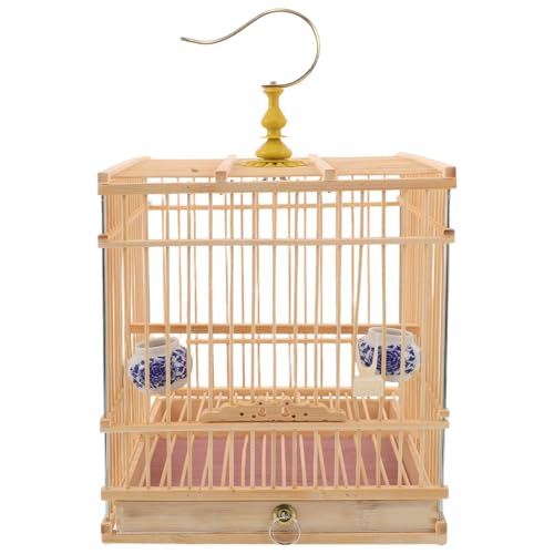 UPKOCH Jaula Rectangular para Pájaros de Bambú con Bandeja Extraíble y Gancho Colgante, Diseño Vintage Elegante para Agapornis y Loros en Interiores y Balcones