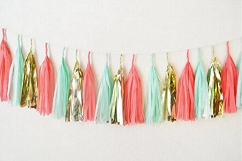 Since Set of 15 Mixed Mint Coral Gold Party Tissue Paper Tassels Garland Wedding Banner Bunting Baby Shower Party Hanging Decoration