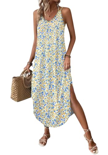 Chicrise Sommerkleid Damen Lang V Ausschnitt Maxikleid Armellose A Linien Spaghetti Trägerkleid Sommer mit Schlitz Mehrfarbig Klein 34-36