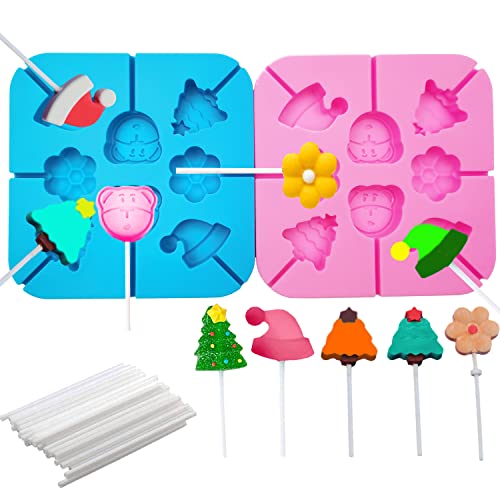 2Pcs Christmas Candy Molds Silicone Lollipop Molds Chocolate Lollipop Molds Christmas Tree Christmas Hat Flowers Candy Molds for DIY Christmas Christmas Party with Lollipop Stickï¼ˆBlue Pink)