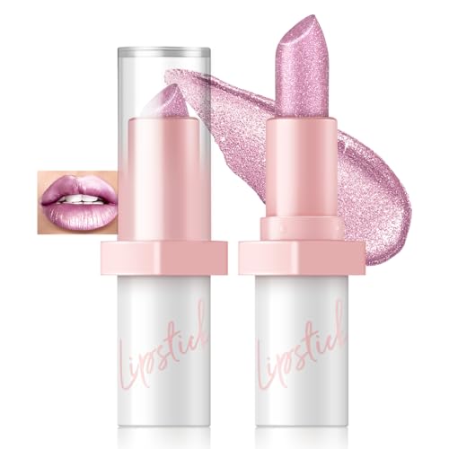 Noerrors Rouge à lèvres pailleté rose métallique Frost, couleur à haute brillance, rouge à lèvres nude rose clair crème diamant résistant aux...
