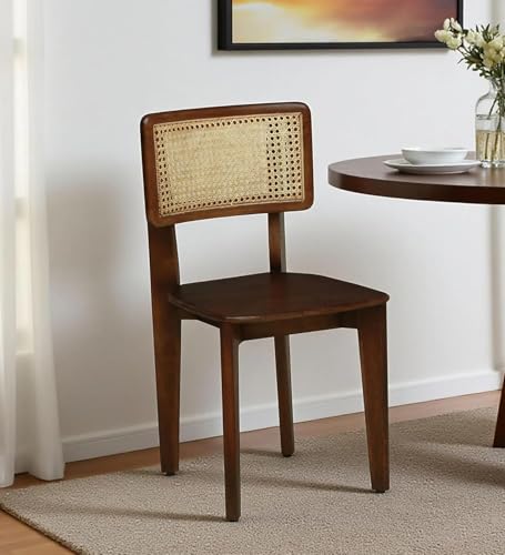 Image of Vintage Cane Back Dining Chair, Walnut Brown Wood Frame with Natural Rattan Backrest, Mid-Century Modern Style (Set of 3)